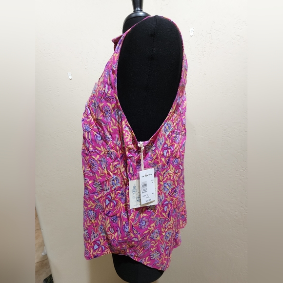 Cafe Marrakesh Pintuck Pink floral Sleeveless Collar button-up Top NWT L - Picture 3 of 7
